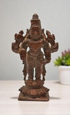 Antique Cuivre God Vishnu Idol Figurine Original Old Main Crafted Fin Gravé