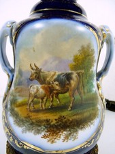 Lampe pétrole porcelaine Valentine Bayeux XIX décor animaux & fleurs électrifiée