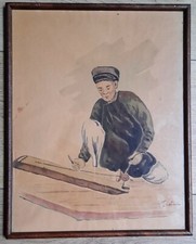 Peinture Aquarelle Sur Papier Debut XXeme Indochine Vietnam Musicien