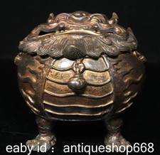 7.2" ancien bronze chinois doré dynastie palais foo chien lion bête brûleur d'en