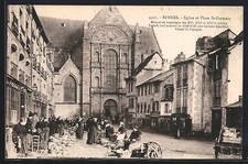 CPA Rennes, Église et Place St-Germain avec marché animé 