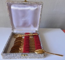 Coffret 12 petites cuillères + 1 pince à sucre en métal doré Vintage