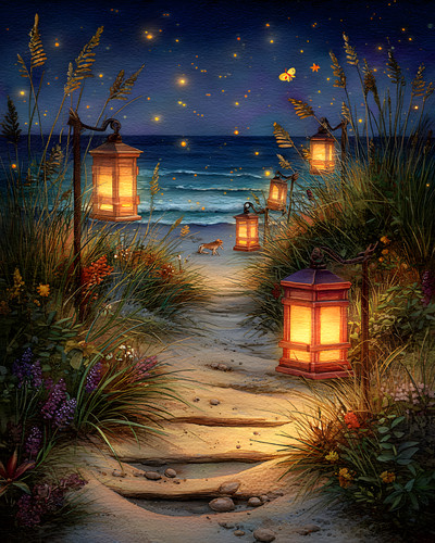Lantern lit flower path - lantern-lit,