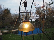 Suspension Lustre monte & baisse verre bullée & bois de Teck.  VINTAGE 1970.