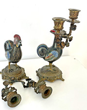 Candélabres bougeoirs coqs  bronze émail cloisonné sur cuivre Chine 1900 .