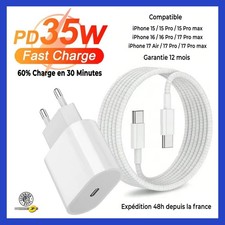 Chargeur Rapide 35W + Cable USB-C iPhone 15 16 17 Pro Max Samsung Huawei Pixel