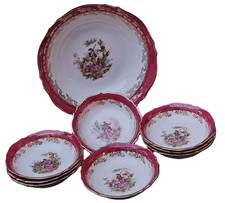 SERVICE A DESSERT à FRUITS en PORCELAINE de LIMOGES - PLAT CREUX et 8 COUPELLES