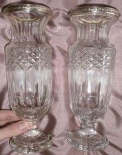 2 Vases balustre XIXème verre taillé à la roue & cerclage argent massif - 1895