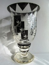 Ancien VASE en verre transparent et noir gravé bohème KARL PALDA original ann...