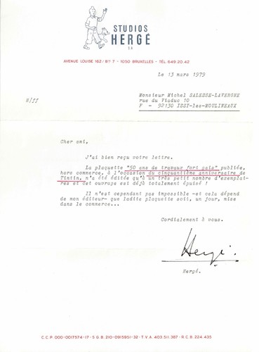 Hergé lettre signée le - hergÉ.,