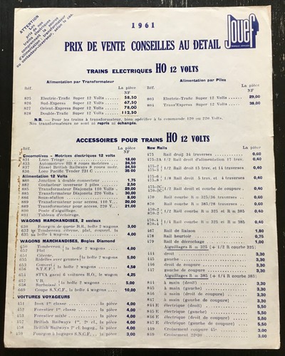 Jouef feuillet tarif - tarif,