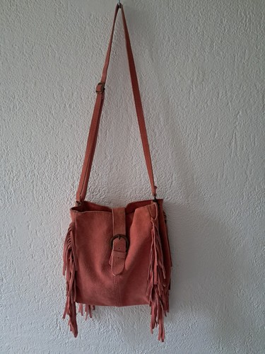 Sac cuir daim rose frange - cuir,