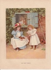 1901 Chromolithographie Imprimé ~ Charmant Jeune Filles Lapin & Bébés Clapier