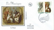 2010-Fdc.Enveloppe soie 1°jour-Harpe,Lyre-Musique-Timbre-Yv.390/91