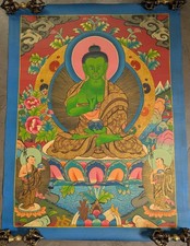Chef-D'Oeuvre ! Tibet. Thangka Peinture Bouddha Médecine Verte Népal 72x56cm