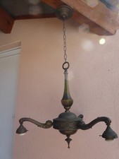 ANCIENNE MONTURE LUSTRE SUSPENSION ART DECO BRONZE ET LAITON 3 FEUX