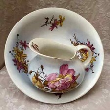 Uncommon 1880s Old WASHING Set PITCHER BOWL Digoin Sarreguemines Pink Wild Roses
