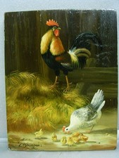 ?? PEINTURE SUR BOIS BASSE COUR COQ POULE POUSSIN TABLEAU signé ZOUAOUI