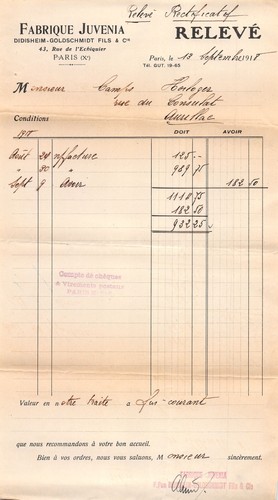 Facture 1918 fabrique juvenia - fabrique,