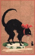 MIKII-039 CHAT NOIR NOEUD PAPILLON ROUGE ASSIETTE DE LAIT SOURIS  PAR ILLUSTRA