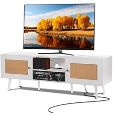 VEVOR Meuble TV en Rotin pour Téléviseur 65" Banc TV avec Prise Intégrée Blanc