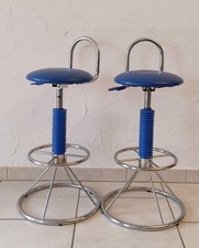 Lot de Deux Tabourets Style Industriel - Assises en Cuir Bleu