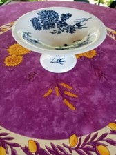 Compotier Plat sur Pied Terre de Fer Faience Onnaing Déco Floral Bleu Foncé Noir