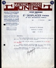 PARIS (III°) FOURNITURES pour MACHINE à COUDRE UNIC "Ch. DESPLACES" Lettre 1936