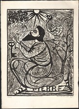 1976 Gravure sur bois Saint-Pierre Mercedes Guingot Art Lorraine