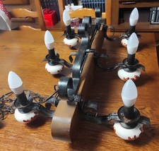 LUMINAIRE ANCIEN - POUTRE BOIS et FER FORGE NOIR - 6 LAMPES avec GLOBES VERRE