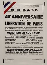 40e anniversaire de la libération de Paris1984 Affiche Originale Militaire 39-45