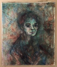 Tableau Huile Portrait Expressionniste Femme Cheveux Roux Visage Vert XXe