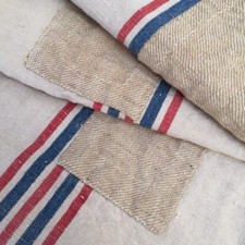 RARE Vtg Antique RED/NAVY FRENCH HEMP LINEN FEED SACK Country GRAIN BAG Pieced