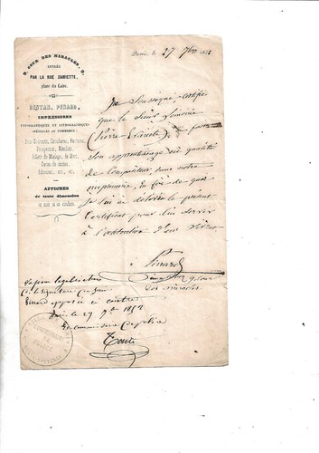 Année 1852 certificat - 1852.,