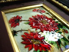 Miniature EMAIL de LIMOGES signé Bétourné FLEUR rouge RELIEF cadre Bois