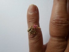 bague en plaqué or, anneau, breloques, perle rose et chien, t. 47
