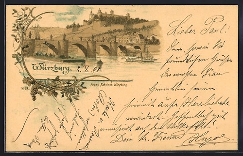 Lithographie würzburg vue - lithographie, würzburg,