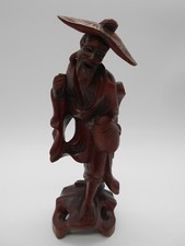 19,5 Cm CHINE : SCULPTURE / STATUE EN BOIS ROUGE HOMME CHINOIS AU PANIER
