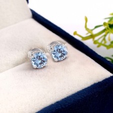 AAA Aigue-Marine Rond 6x6 MM, 925 Clou Argent Sterling Boucles, March Gemme