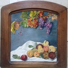 Tableau Ancien Encadré Huile Panneau Nature Morte Fruits Raisins Xx Eme Signé 