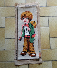 VTG Margot de Paris Tapisserie Garçon à la Guitare Canevas Cousu Terminé 23x52cm