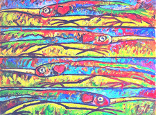 "OISEAUX .." PEINTURE TOILE ENCHASSEE 100 x 80 CM BEAU TABLEAU UNIQUE SIGNEE GOL