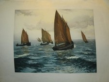 Charles Hector BASTOGY (né en 1895) GRANDE GRAVURE COULEUR BATEAUX PECHE MARINE