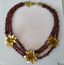 ANCIEN COLLIER DE CRÉATEUR GRENATS & MÉTAL DORÉ FLEURS VINTAGE 3 rangs