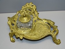 -ENCRIER STYLE ROCAILLE SUPPORT LAITON ENCRIER VERRE CHAPEAU LAITON  XXe   D