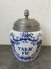 Ancien Pot Tabac Fin Céramique Signé Décor Bleu Couvercle Étain Deco