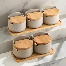 Ensemble de Pots à Épices en Céramique avec Couvercles en Bambou et Plateau 