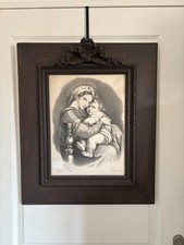 Ancien Lithographie Estampe Gravure Vierge Chaise Raphael Cadre Bois Fronton