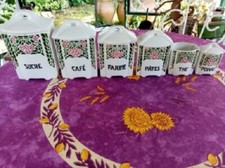 6 pots à Epices Condiment Cuisine Céramique anciens Décor Floral Rose et Vert