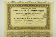 COMPAGNIE DES MINES DE CUIVRE DE GARGANTA LEALTAD ACTION 100 FRANCS PARIS 1910